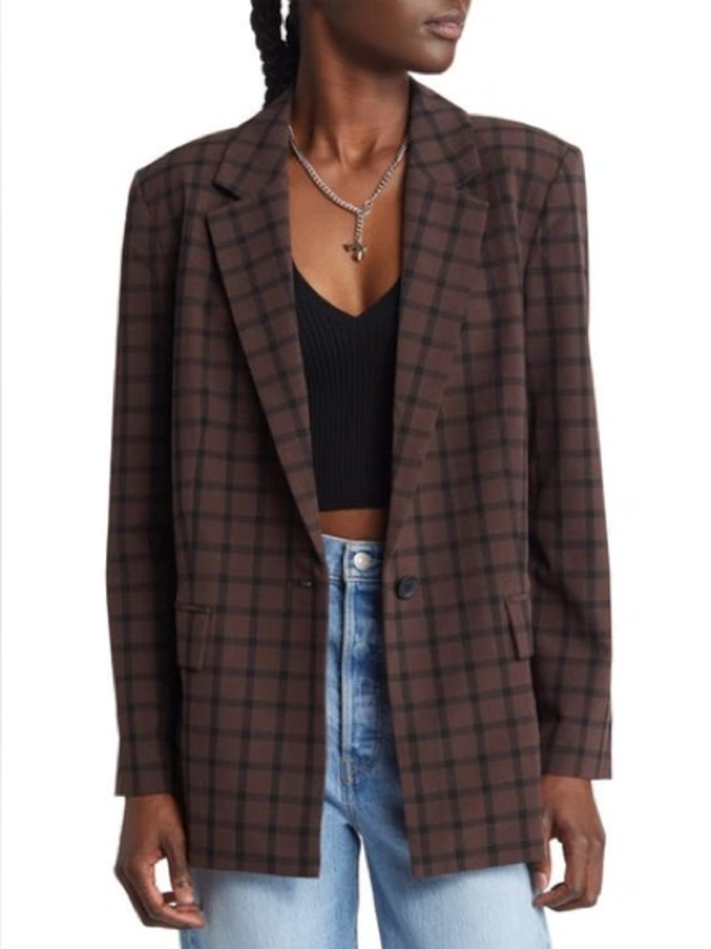 Open Edit NWOT Brown Plaid Single-Button Blazer